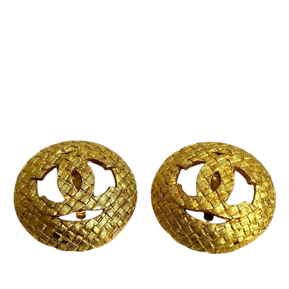 Pre-Loved Chanel CC Gold Plated Tweed Effect Earrings